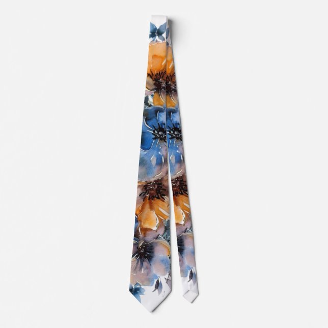 Blue and Orange Paint Floral Wedding Groom Tie (Front)