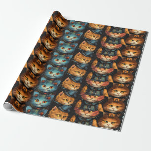 Blue and Orange Party Cats with black top hat Wrapping Paper