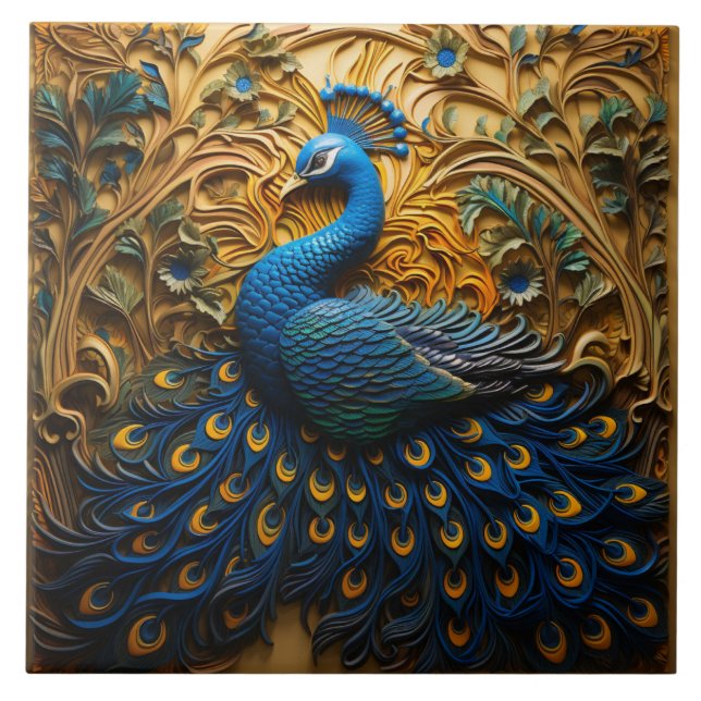 Blue and Orange Peacock, Golden Background Tile (Front)