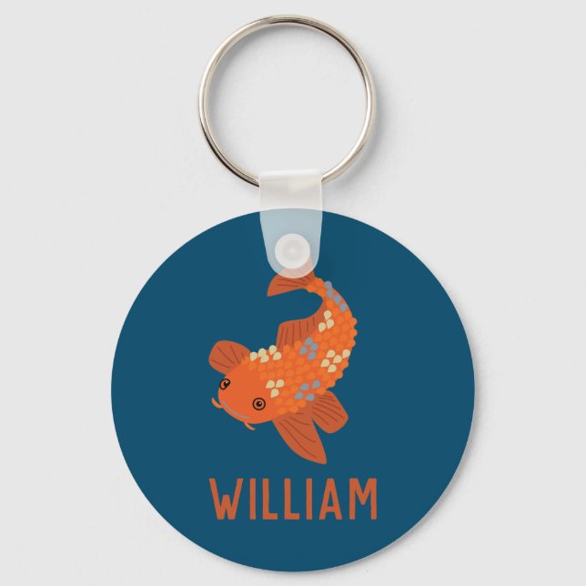 Blue and Orange Personalized Koi Goldfish Keychain (Front)