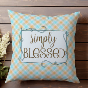 Blue and Orange Plaid Tartan Simply Blessed Throw Pillow