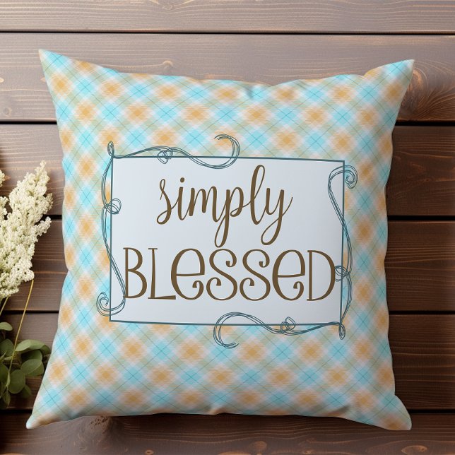 Blue and Orange Plaid Tartan Simply Blessed Throw Pillow (Creator Uploaded)