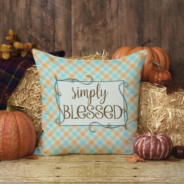 Blue and Orange Plaid Tartan Simply Blessed Throw Pillow (Creator Uploaded)