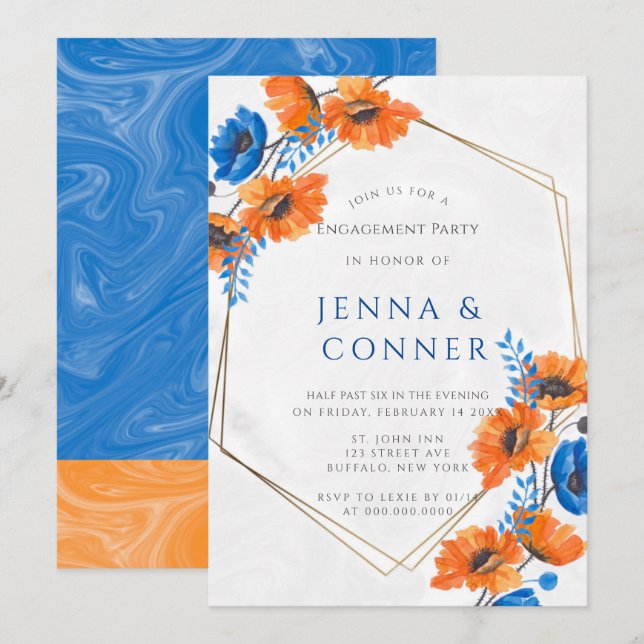 Blue and Orange Poppy Engagement Party Invitation (Front/Back)