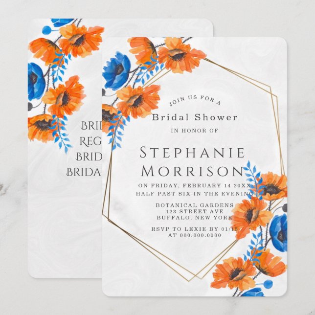 Blue and Orange Poppy Gold Bridal Shower Invitation (Front/Back)