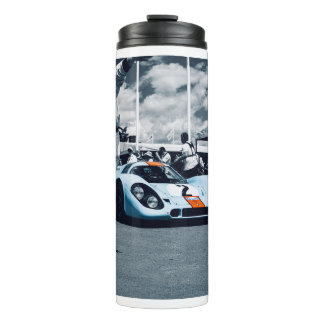 Blue and orange race car thermal tumbler