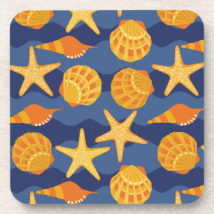 Blue And Orange Seashell Pattern Coaster