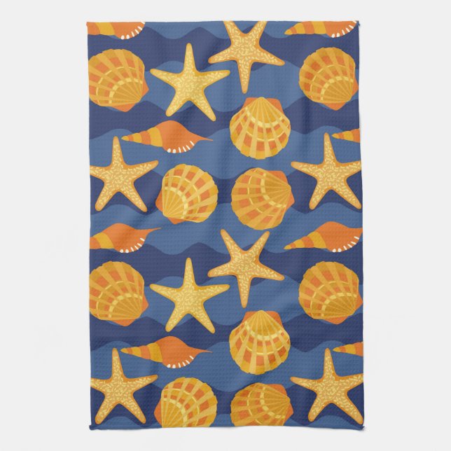 Blue And Orange Seashell Pattern Kitchen Towel (Vertical)