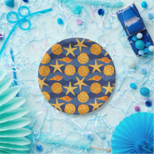 Blue And Orange Seashell Pattern Paper Plate