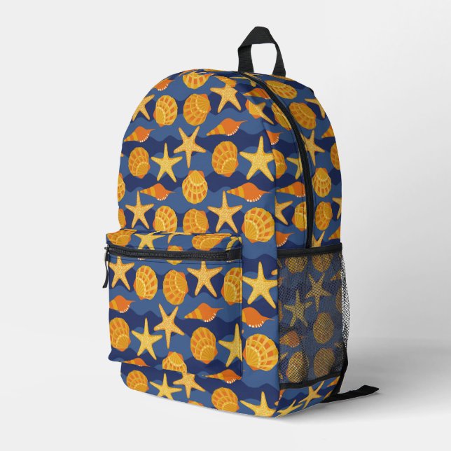 Blue And Orange Seashell Pattern Printed Backpack (Back Corner Right)