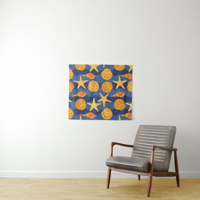 Blue And Orange Seashell Pattern Tapestry (In Situ (Horizontal))
