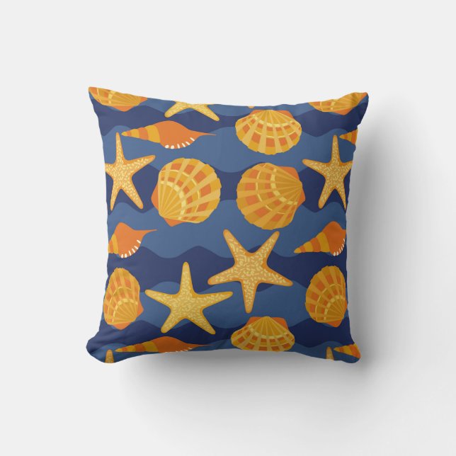 Blue And Orange Seashell Pattern Throw Pillow (Front)
