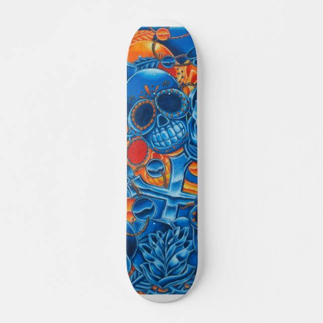 Blue and Orange Skulls Skateboard (Front)