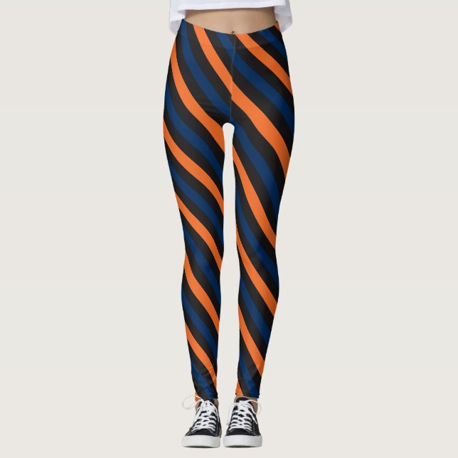 Blue and Orange Small Diagonal Stripe Leggings (Front)
