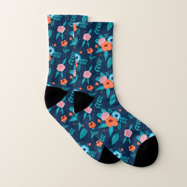 Blue and Orange Spring Flower Pattern Socks (Pair)