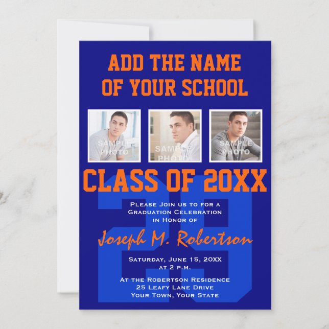 Blue and Orange Team School Athlete Graduation Invitation (Front)