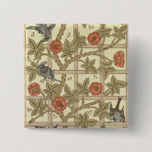 Blue and orange trellis wallpaper design, 1864 2 inch square button