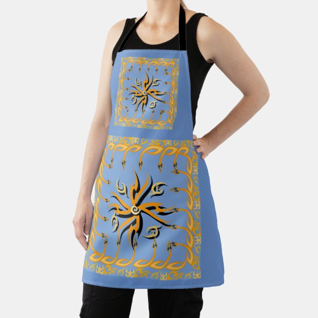 Blue and orange tribal print apron (Insitu)