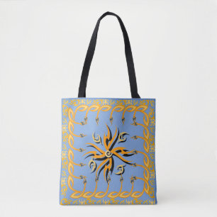 Blue and orange tribal print tote bag