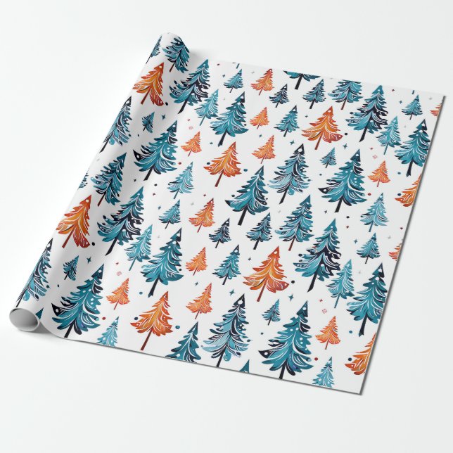 Blue and Orange Watercolor Christmas Trees Wrapping Paper (Unrolled)