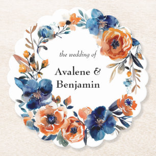 Blue and Orange Watercolor Floral Wedding Paper Coaster