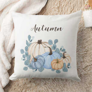 Blue and Orange Watercolor Pumpkins Autumn Throw Pillow