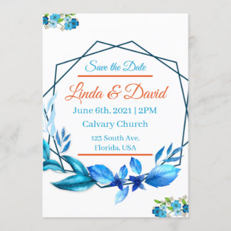 Blue and Orange Wedding Save the Date Invitation