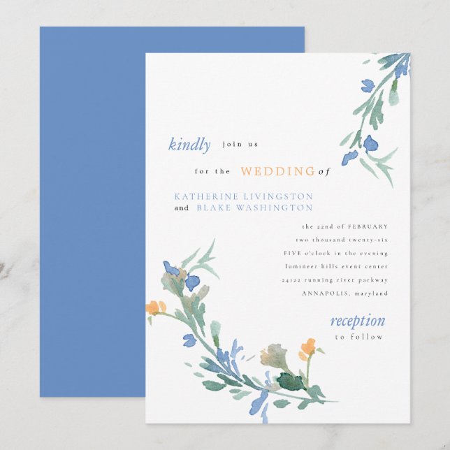 Blue and Orange Wildflower Colourful Wedding  Invi Invitation (Front/Back)