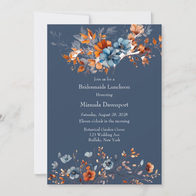 Blue and Orange Wildflowers Bridesmaids Luncheon Invitation (Front)
