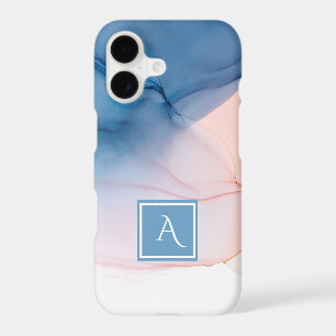 Blue and Peach Abstract Ink Wash with Monogram