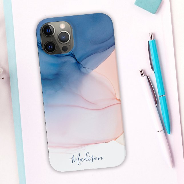 Blue and Peach Abstract Ink Wash with Name Case-Mate iPhone Case (Creator Uploaded)