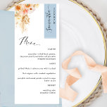 Blue and Peach Blush Personalized with Guest Name Menu<br><div class="desc">Why spend in place cards and menu cards when you can have an elegant All-in-one elegant Menu personalized with each guest name! Contemporary, simple and elegant design with exquisite watercolor floral detail in a beautiful blend of peach, orange, blush, dusty coral, cream and champagne hues. Modern hand written calligraphy elements....</div>