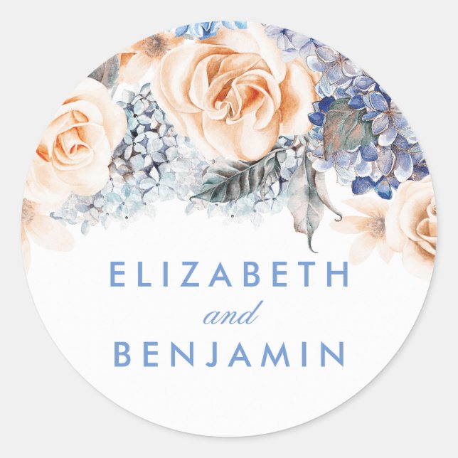 Blue and Peach Flowers Elegant Wedding Classic Round Sticker (Front)