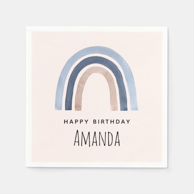 Blue and Peach Rainbow Boho Design Birthday Napkin (Front)