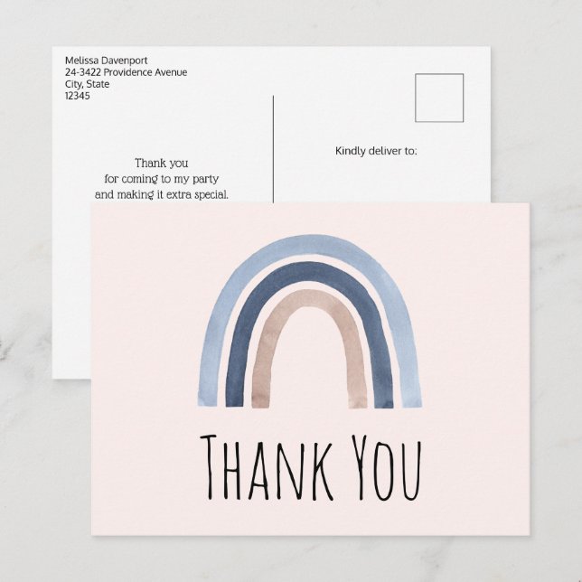 Blue and Peach Rainbow Boho Design Thank You Postcard (Front/Back)