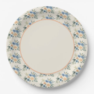 Blue and Peach Watercolor Floral Pattern Paper Plate