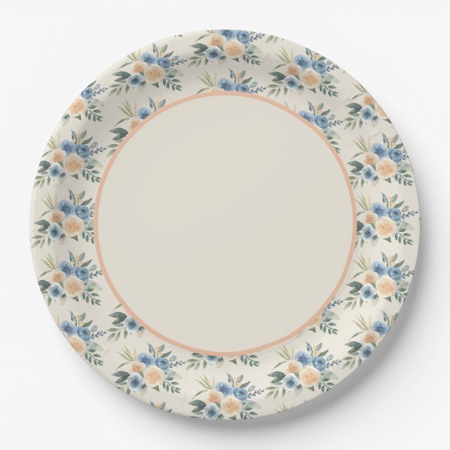 Blue and Peach Watercolor Floral Pattern Paper Plate (Front)