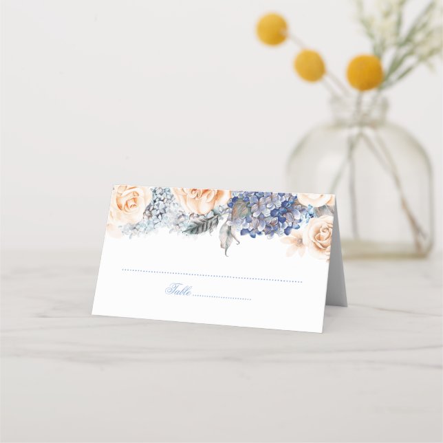 Blue and Peach Watercolor Floral Wedding Place Card (Front)