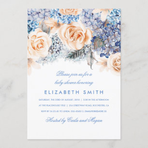 Blue and Peach Watercolor Florals Baby Shower Invitation