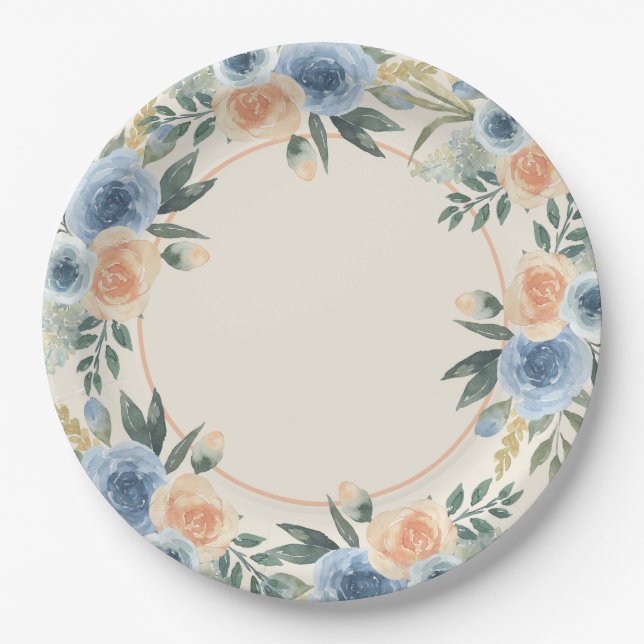 Blue and Peach Watercolor Flower Paper Plate (Front)