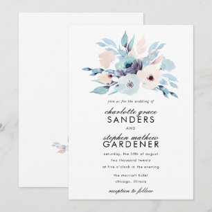 Blue and Peach Watercolor Flowers Wedding Invitation
