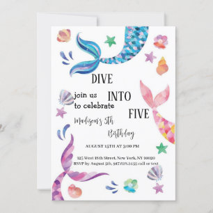 blue and pink and purple mermaid birthday  invitation