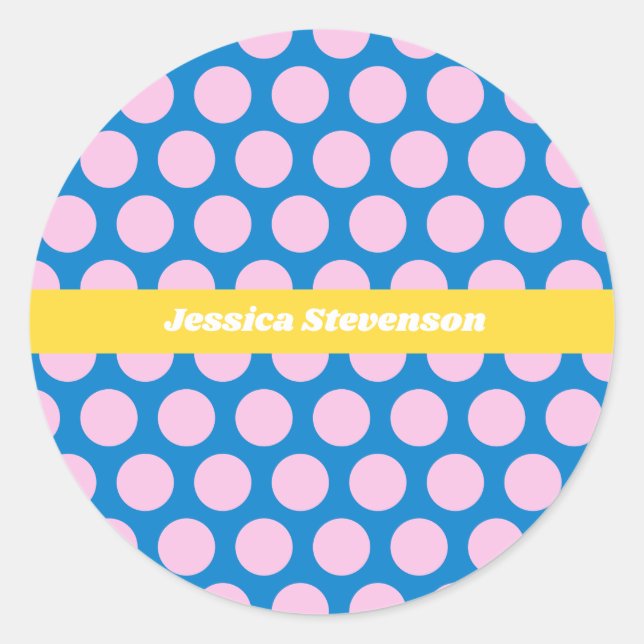 Blue and Pink Big Polka Dot Pattern Personalized  Classic Round Sticker (Front)