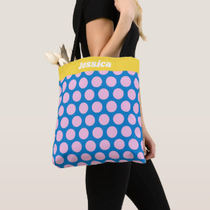 Blue and Pink Big Polka Dot Pattern Personalized Tote Bag