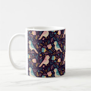 Blue and pink Birds with flowers and leaves on dar Coffee Mug
