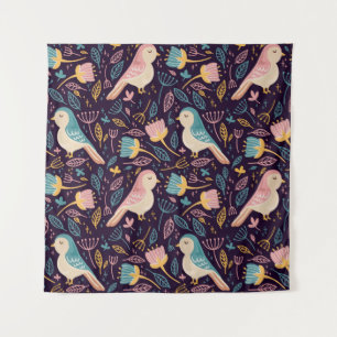 Blue and pink Birds with flowers and leaves on dar Tapestry