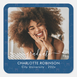 Blue and Pink Bow Graduation Photo  Square Sticker