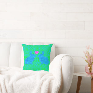 Blue and Pink Bunnies in Love Throw Pillow