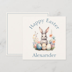 Blue and Pink Bunny Rabbit Wildflowers Easter Card
