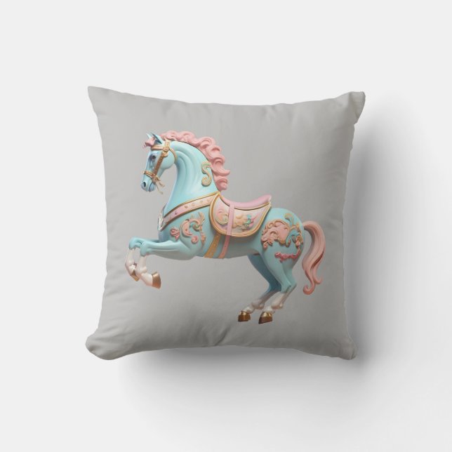 Blue and pink carousel horse throw pillow (Front)